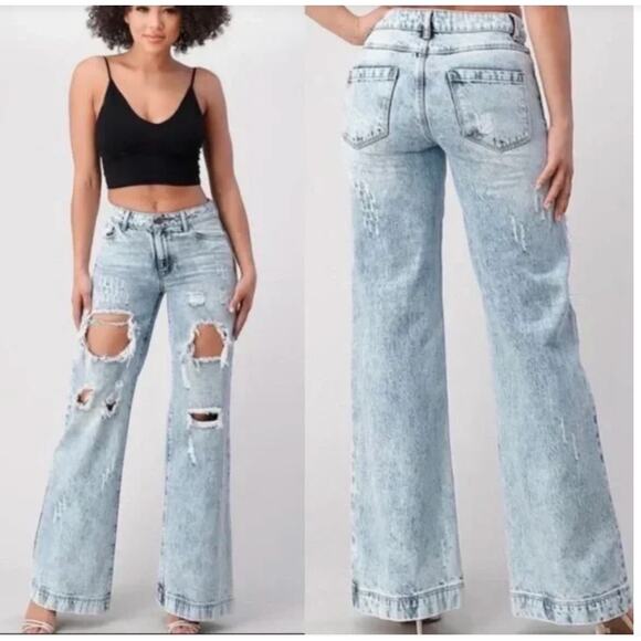 Uniq by Litz Rocker Distressed Wide Leg Acid Wash Jeans size 29 - Picture 1 of 6
